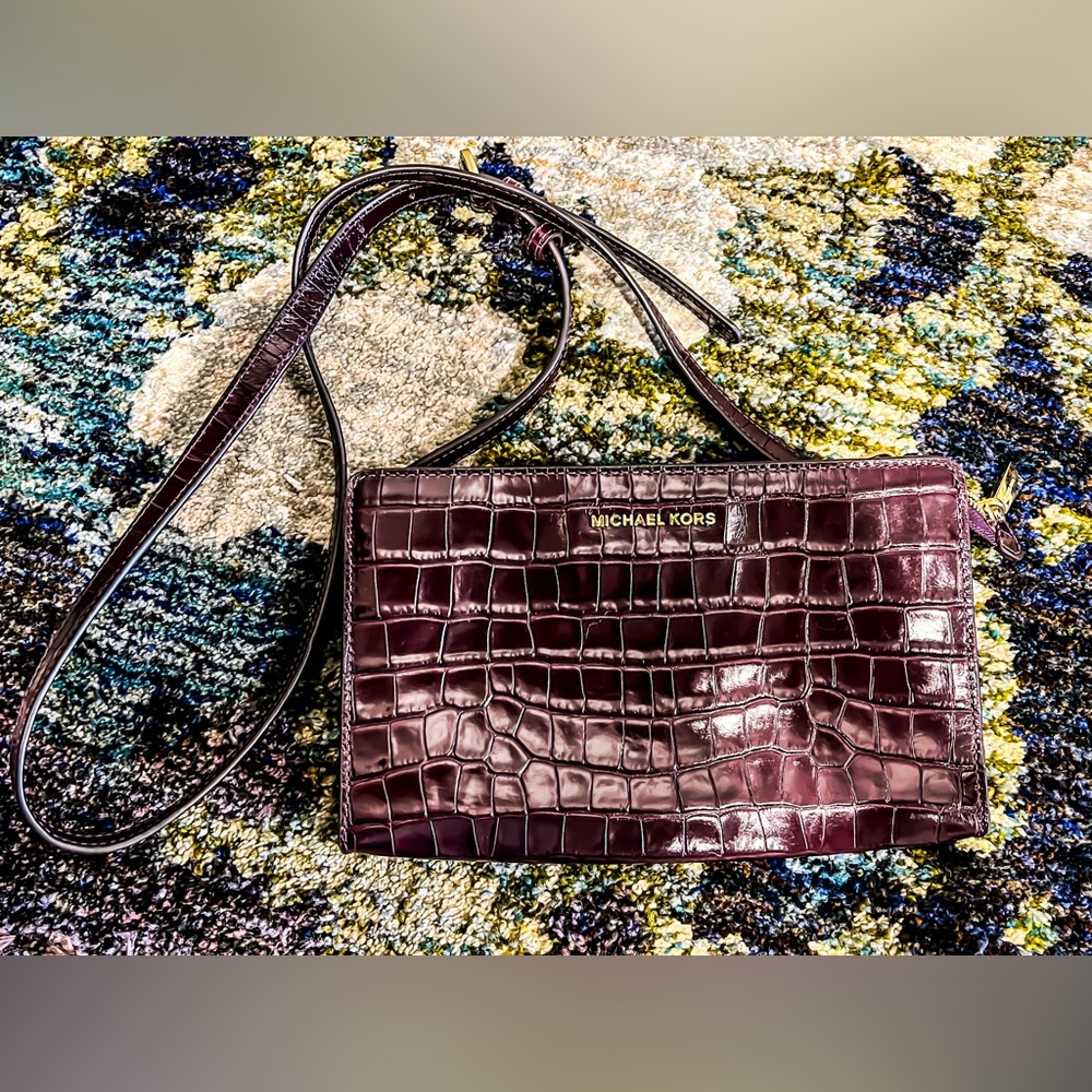 Michael Kors Damson Leather Large Crocodile Embossed Crossbody Clutch